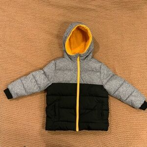 Swiss Tech Puffer Coat — Grey and Black with Yellow Zipper and Fleece Lining